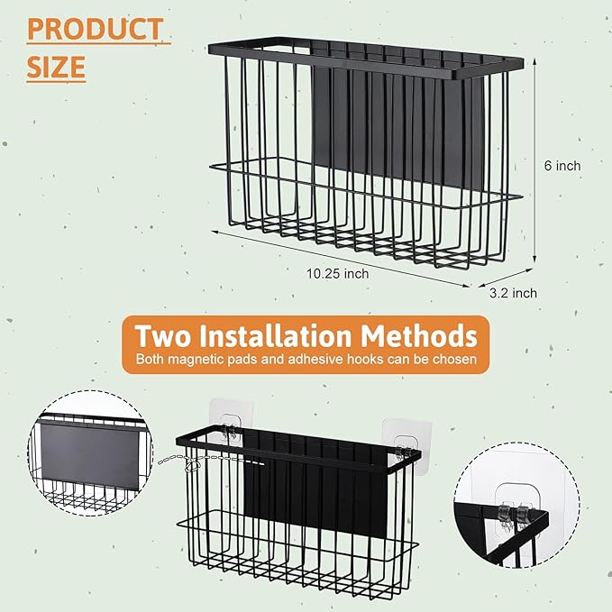 Menkxi 3 Pcs Magnetic or Adhesive Refrigerator Organizer Magnetic Baskets Kitchen Holder for Refrigerator Metal Shelf Rack Storage with 2 Types of Installation(Black)