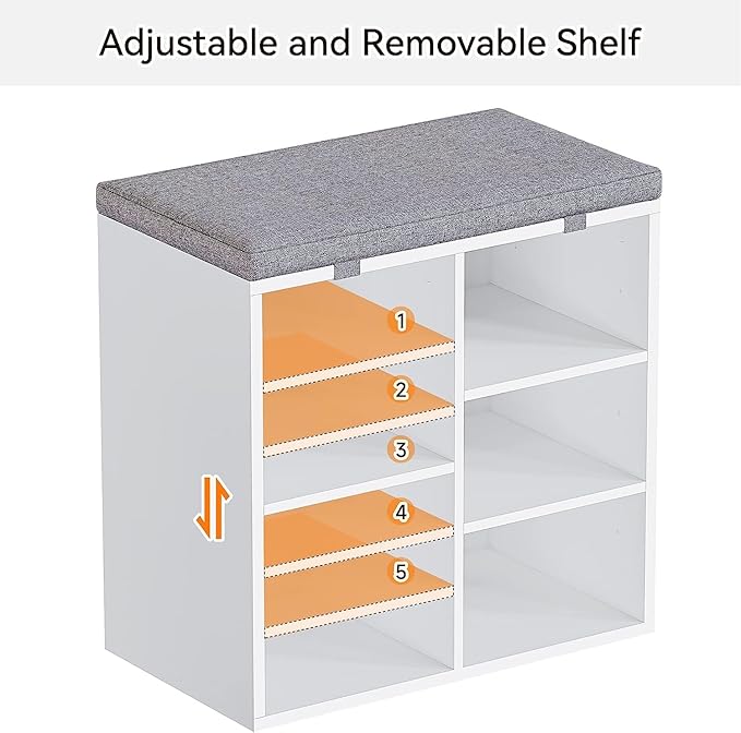 IDEALHOUSE Shoe Storage Bench with Cushion for Entryway, 20" Storage Rack Bench with Padded Seat, Cubby Seat Shoe Cabinet with 3-Tier Adjustable Shelf for Living Room Hallway, White