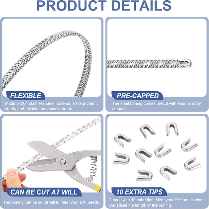 PATIKIL 10 Pcs 13.7 Inch 304 Stainless Steel Metal Steel Spiral Corset Boning, Metal Boning with 10pcs 5mm Boning Tips for Sewing Corset, Making Costume,Hoop Skirt, Collar (5mm Wide)