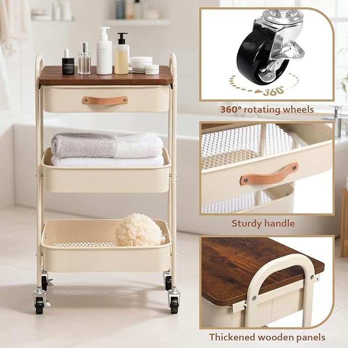 AGTEK Rolling Cart with Drawer, 3 Tier Movable Metal Utility Organizer with Wooden Board, Mobile Trolley Cart for Home & Office, Beige