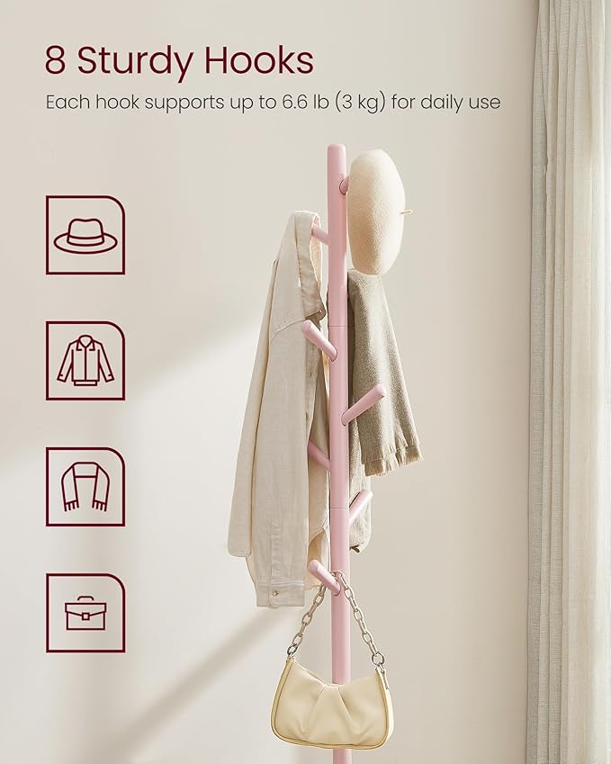 VASAGLE Solid Wood Coat Rack, Free Standing Hall Coat Tree with 8 Hooks, 3 Height Options, for Coats, Hats, Bags, Purses, for Entryway, Hallway, Rubberwood Hooks and Pole, Jelly Pink URCR010R01