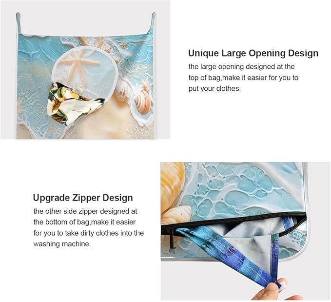 Blue Beach Sea Star Shell Summer Hanging Laundry Hamper Door Hampers Bag Basket with Stainless Steel Hooks Oxford Fabric Printing Decorative Clothes Bags 29.5X20inch 1Pack