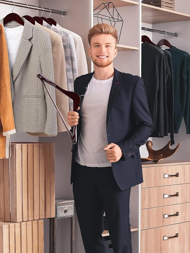 SMARTOR Suit Hangers for Men 12 Pack, Wide Shoulder Wooden Suit Hangers with Non Slip Pant Holder, Wide Hanger for Suit, Coat, Jacket, Gown, Heavy Duty Wood Suit Hanger, Cherry