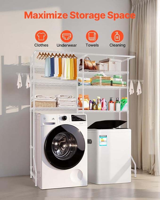 VEVOR Over The Washer and Dryer Storage Shelf, 6 Tier Laundry Room Drying Rack with Hanger Rod and Hooks, Adjustable Over Washer and Dryer Shelves, Laundry Room Shelf Storage Space Saver, White