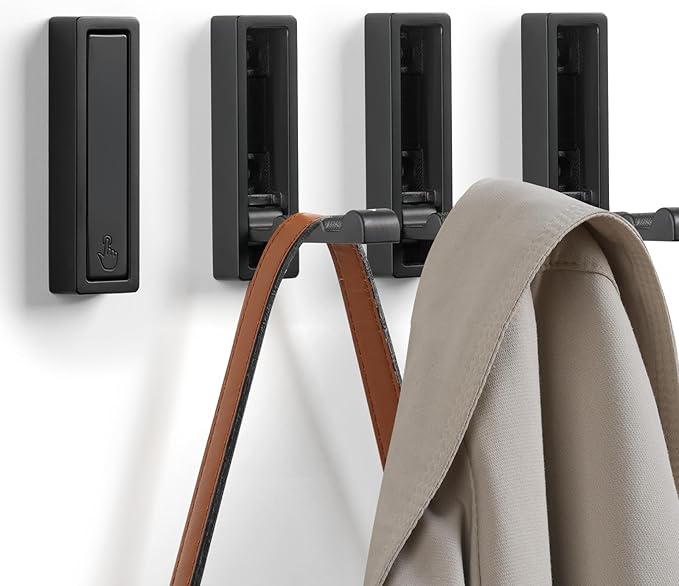Folding Wall Hooks, 2pcs Foldable Coat Hooks, Heavy Duty Zinc Alloy No Rust Fold Up Hooks for Coat, Towel, Key, Hat, Bag, Jacket, Backpack (Matte Black)