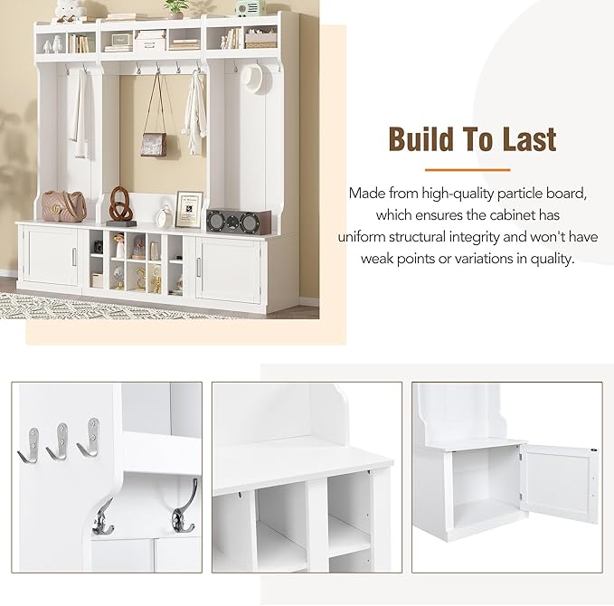 Modern Hall Tree with Storage and Bench, 4-IN-1 Multi-Functional Entryway Bench with Coat Rack and Shoe Cubbies, Practical Furniture for Mudrooms Organization Entryway Living Room (White-65f)