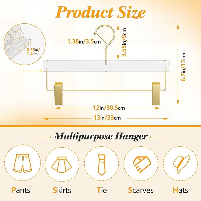 Acrylic Gold Pants Hangers 30 Pack for Trousers, Jeans, Coats, Heavy Duty Skirt Hangers for Women, Space-Saving Clothes Organizer with Non-Slip Adjustable Clips, Adults & Kids