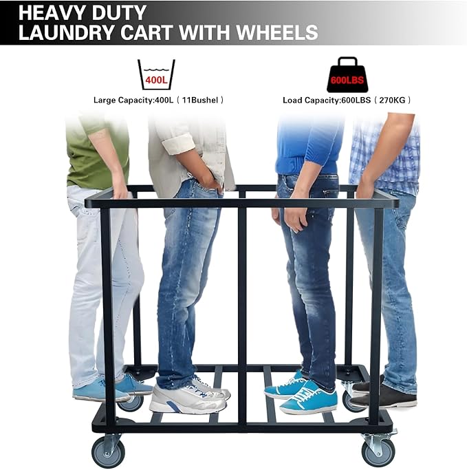 Commercial Laundry Cart with Wheels,600 lbs Heavy Duty Industrial Laundry Cart with Steel Frame and Oxford Cloth Bag,Commercial Laundry Basket for Home,Hotel,Housekeeping,400L(Black)