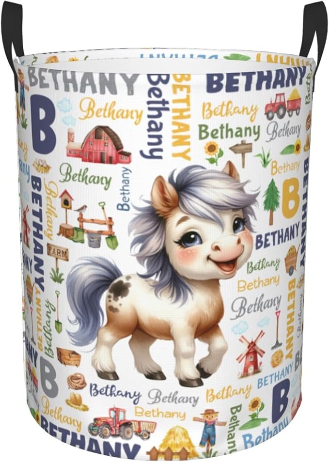 Personalized Farm Horse Laundry Basket For Baby Kids Boys Girls Adult Custom Hamper Basket With Name For Bathroom Bedrooms Collapsible Baby Laundry Basket, Dirty Clothes Hamper With Handles