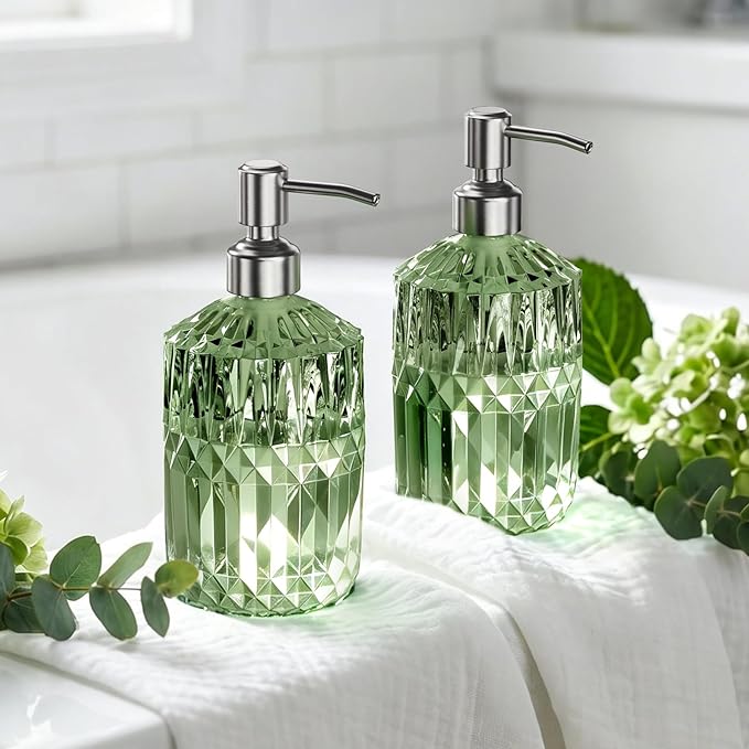 AmazerBath Soap Dispenser, 2 Pack Green Glass Soap Dispenser with Pump Stainless Steel, 14.2OZ Refillable Hand Soap Bottles Bathroom Kitchen