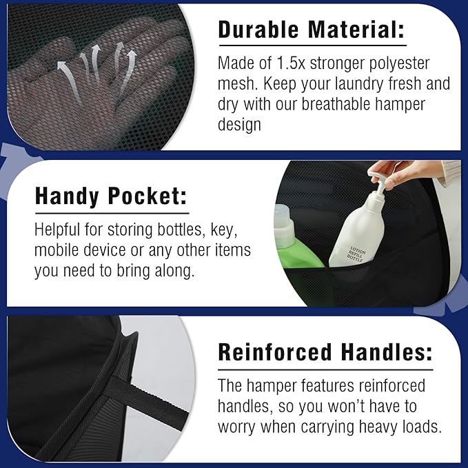 TECHMILLY Collapsible Mesh Pop Up Laundry Hamper with Strong Handles, Large Opening Clothes Hamper with Side Pockets, Storage Baskets for Dorm, Laundry Room, Bathroom or Travel (Black, 90L)