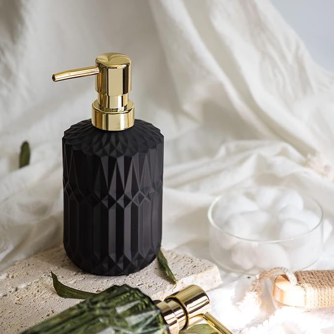 EMPO Matte Black Glass Soap Dispenser with ABS Plastic Pump, Lotion Dispensers for Kitchen, Bathroom (Black)