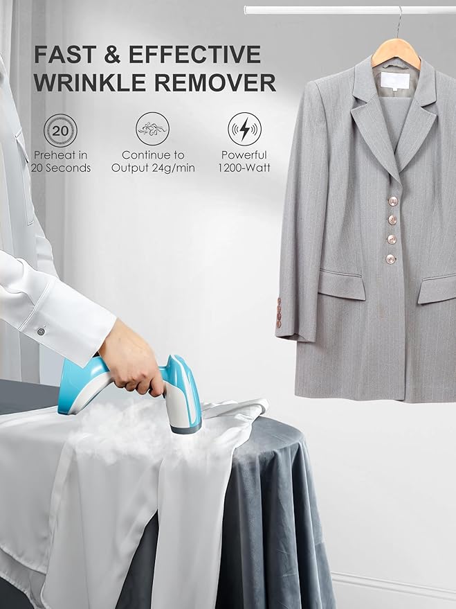 Reemix Steamer for Clothes, Folding Handheld Design Garment Wrinkles Remover, 20g/min Strong Penetrating Steam, 25-Sec Fast Heat-up, for Home, Office and Travel (Large, no Foldable, Aqua)