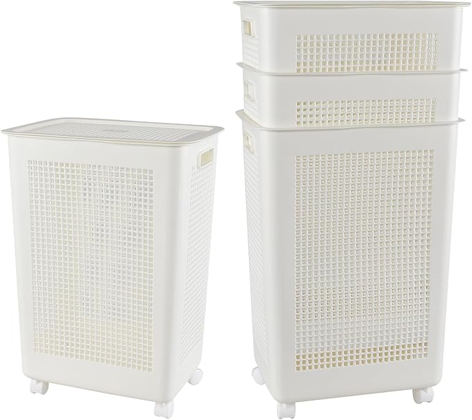 4 Packs 65 L Laundry Hamper with Lockable Wheels, 1.8 Bushels Large Plastic Laundry Basket with Lid, White