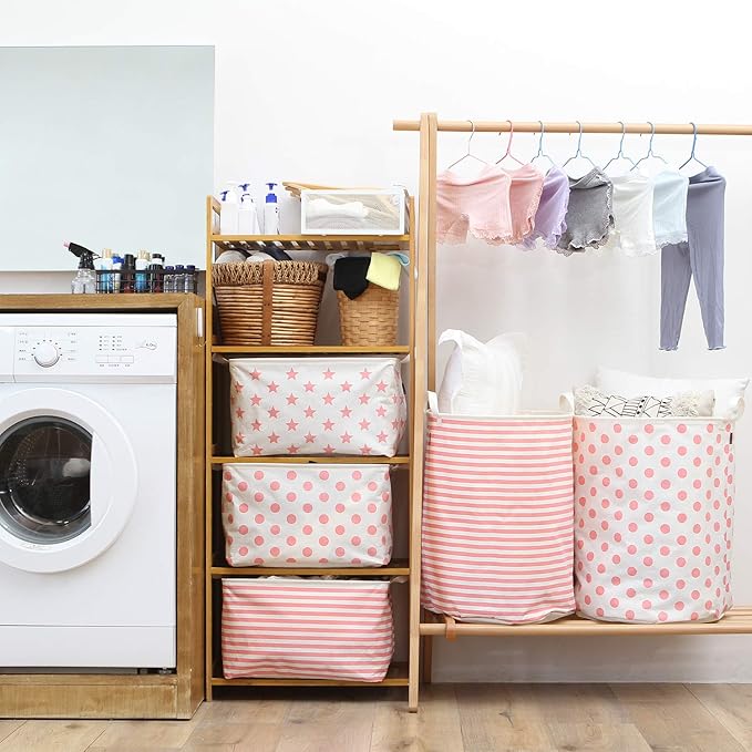 Sea Team 19.7 Inches Large Sized Waterproof Coating Ramie Cotton Fabric Folding Laundry Hamper Bucket Cylindric Burlap Canvas Storage Basket with Stylish Polka Dot Design (19.7", Pink)