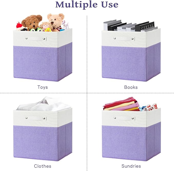 13 x 13 Inch Fine Linen Storage Bins with Handles，Fabric Cube Boxs，Basket Organizers for Shelves for Home, Closet Drawers (White/Purple-4 Pack)