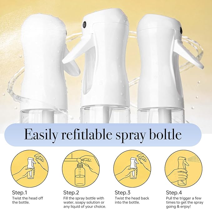 3Pack Continuous Spray Bottle 200ml, Ultra Fine Water Mister Refillable Empty Spray Bottle for Hair Styling, Salon, Skin Care, Cleaning & Plants (6.8oz Clear)