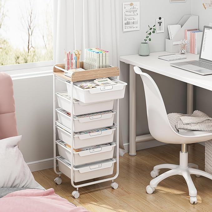 APEXCHASER 6-Drawer Plastic Organizers on Wheels,Rolling Storage Cart with Wooden Top, Mobile Drawer Unit for Classroom, Crafts, Art Supplies, and Home Organization,White