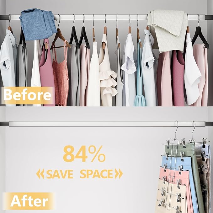 Pants Hangers-Closet Organizers and Storage-Hanging Closet Organizer-6 Tier-Skirt & Pants Hanger Space Saving-Durable Closets Organization Hanger-Skirt Hangers with Clips-4 Pack -Apartment Essentials