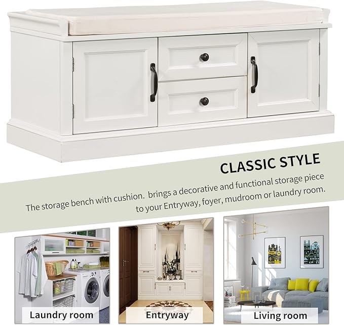 Knocbel 42.5" Entry Storage Bench with Removable Cushion, 2 Drawers and 2 Cabinets, Entryway Hallway Foyer Shoe Bench End of Bed Bench with Aluminum Handles, 200lbs Weight Capacity (White)