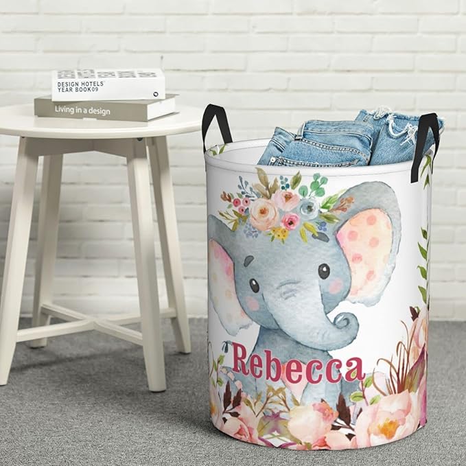 Watercolor Elephant Flower Personalized Laundry Hamper Custom with Name Collapsible Waterproof Storage Basket with Handles for Bedroom Clothes Toys.