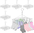 6 PCS Stainless Steel Hanging Drying Rack with 30 Hooks Clips, Swivel Hook Wind-Proof Clothes Sock Drying Hangers Laundry Accessories for Socks Bras Underwear Towel Hat Scarf Pants Gloves