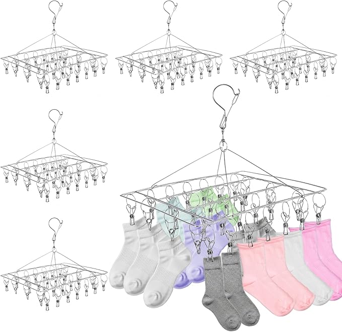 6 PCS Stainless Steel Hanging Drying Rack with 30 Hooks Clips, Swivel Hook Wind-Proof Clothes Sock Drying Hangers Laundry Accessories for Socks Bras Underwear Towel Hat Scarf Pants Gloves