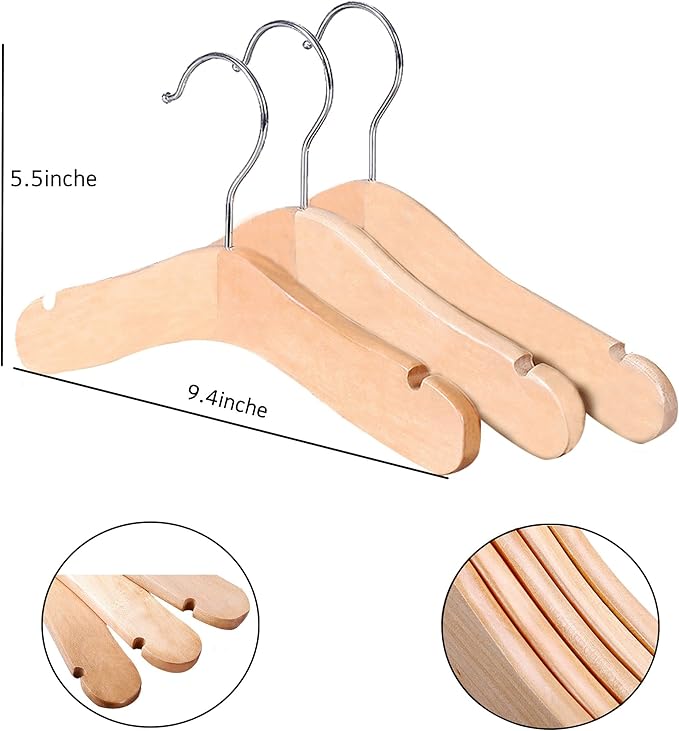 10pcs Children's Wooden Hangers - Natural Wooden Kids Coat Hangers (9.4 inches) for Baby Clothes Closet