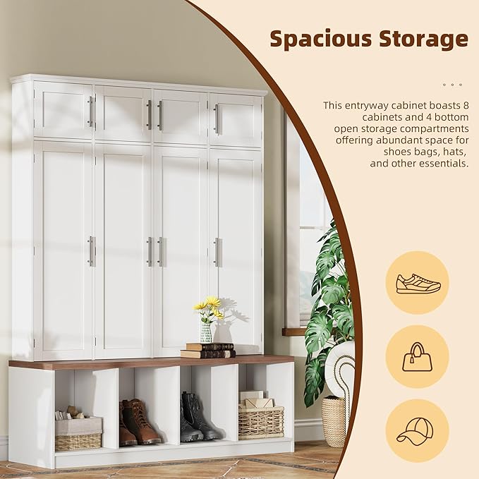 75" H Farmhouse Hall Tree with Storage, Versatile 4-in-1 Coat Hanger with 4 Hidden Hanging Hooks, 8 Doors, Entryway Shoe Cabinet with Open Compartments for Living Room