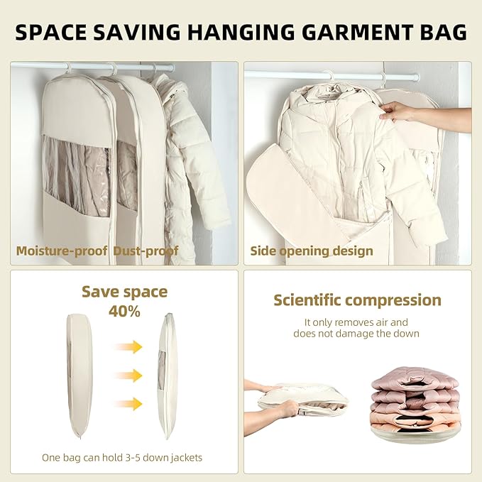 2 Packs Space Saving Garment Bag with Self Compression Zipper,Travel Suit Bags for Closet Storage, Hanging Garment Bag for Coats, Down Jackets (Large, Beige)
