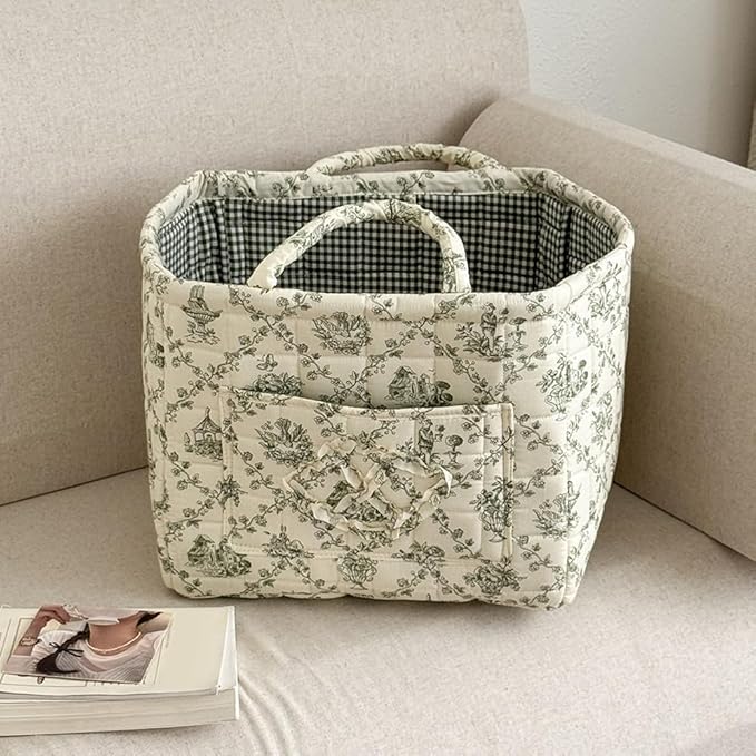Quilted Laundry Basket Floral Storage Basket Cute Fabric Laundry Baskets Large Boho Foldable Nursery Hamper (Floral06)