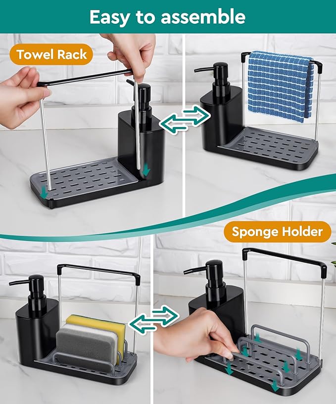 Kitchen Soap Dispenser Set with Tray and Sponge Holder, Dish and Hand Soap Dispenser with Dishcloth Holder 5-in-1 Kitchen Sink Countertop Storage Organizer, Practical Kitchen Gadgets - Black