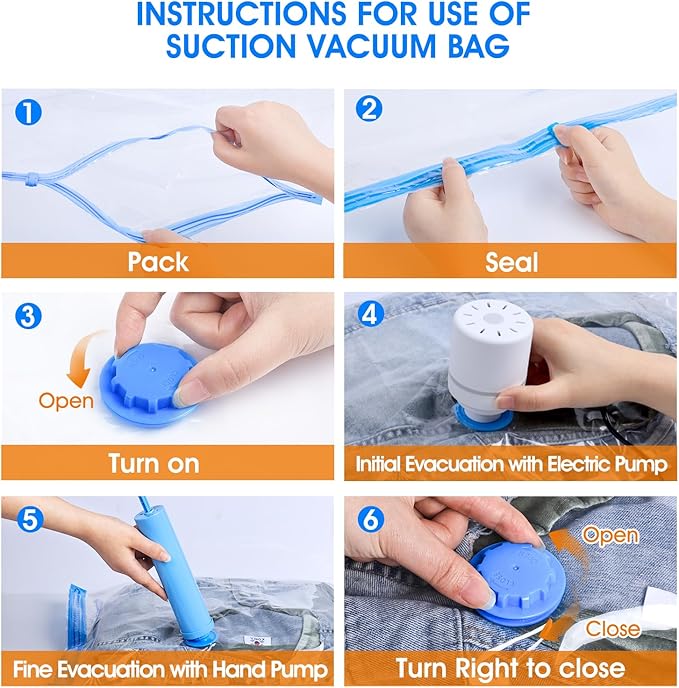 AROIC 50 Pack Vacuum Storage Bags, 5 Sizes + 2 Roll-up (8 Each) Space Saver Vacuum Sealer Bags for Clothing with 1 Electric Pump and 1 Hand Pump, Seasonal Storage Bags for Luggage, Travel Essentials