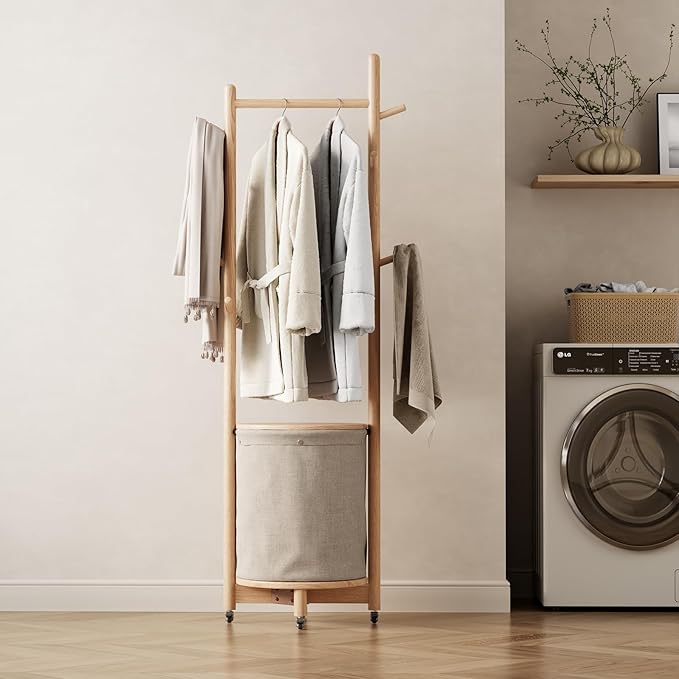 Solid Wood Coat Rack with Fabric Basket - Coat Hanger Stand Coat Tree Rack Freestanding with 9 Hooks Wheels, Small Clothes Rack For Entryway Bedroom Hallway Living Room