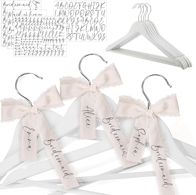 Chunful 10 Pack Personalized Bride Hanger for Wedding Dress Custom Name White Wooden Bridal Hangers with UV Dtf Transfers Natural Wood Dress Hanger with Ribbon Bow Bride Wedding (Silk Ribbon,Ivory)