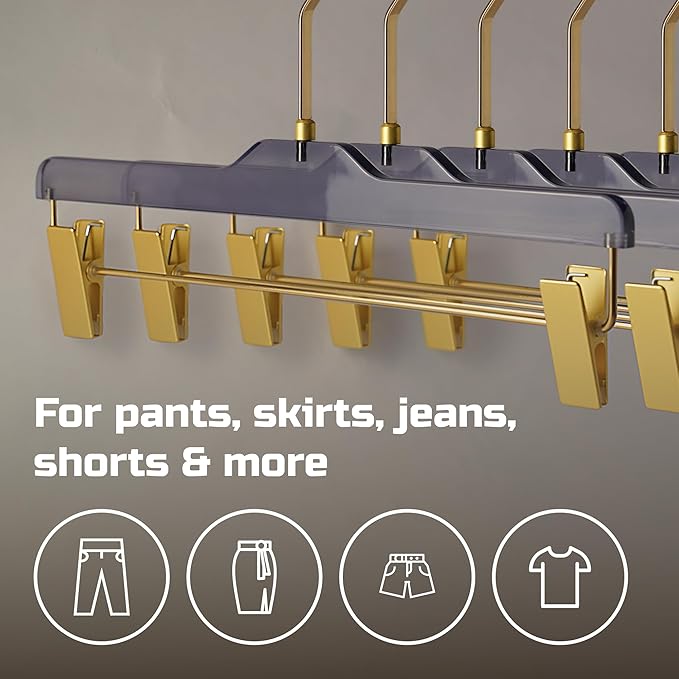 Acrylic Clip-Hangers Black for Pants, Skirts and Shorts with 360 Degree Silver/Golden Hook | Space Saving & Non-Slip | 5 Pack
