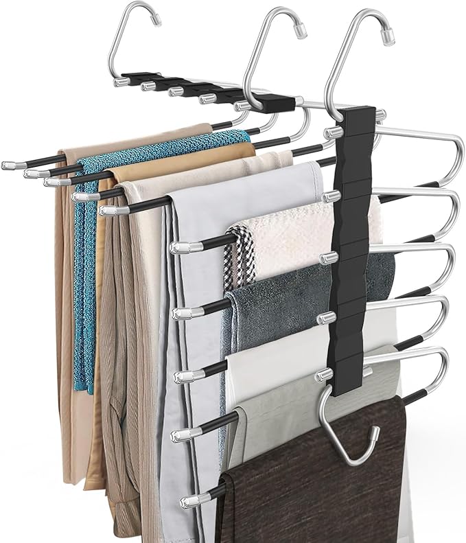 4 Pack Pants Hangers Space Saving, Anti-Slip Multi-Functional Pants Rack, Thickened Stainless Steel Tube, Two Hanging Modes Suitable for Jeans Trousers Skirts Scarf-Black