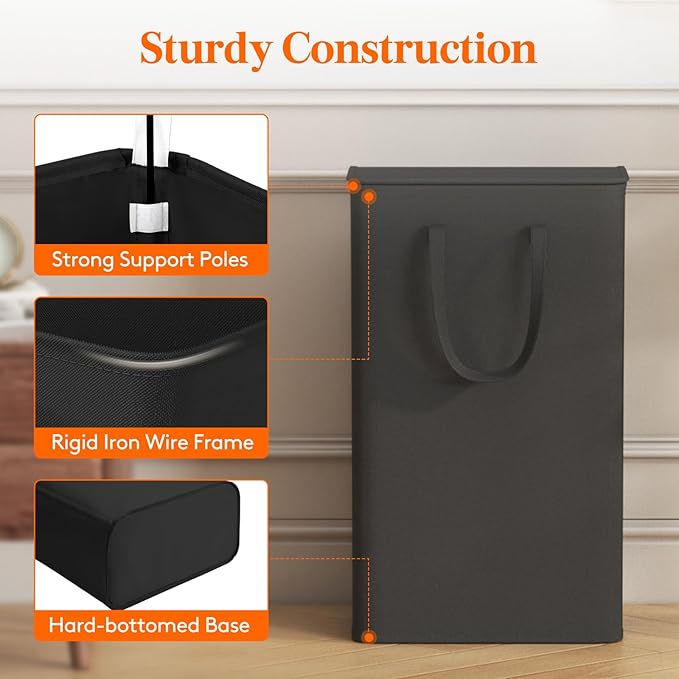 Lifewit 65L Slim Small Laundry Hamper, Laundry Basket with Lid, Dirty Collapsible Clothes Storage with Easy Carry Extended Handles, Tall Hampers for Bedroom Laundry Room, Black, 1 Pack