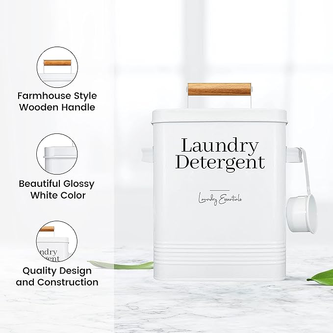 Simplation Laundry Detergent Container, Modern Farmhouse Storage Box for Laundry Room Decor and Accessories (White, 11 x 7 x 6 inches, 144 oz)