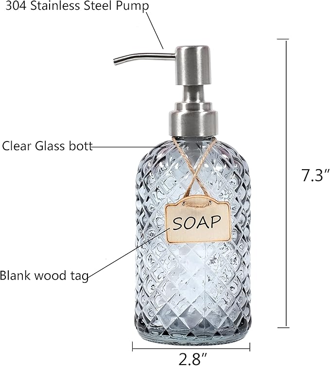 Bathroom & Kitchen Glass Hand and Dish Soap Dispenser with 304 Rustproof Stainless Steel Pump (Grey)