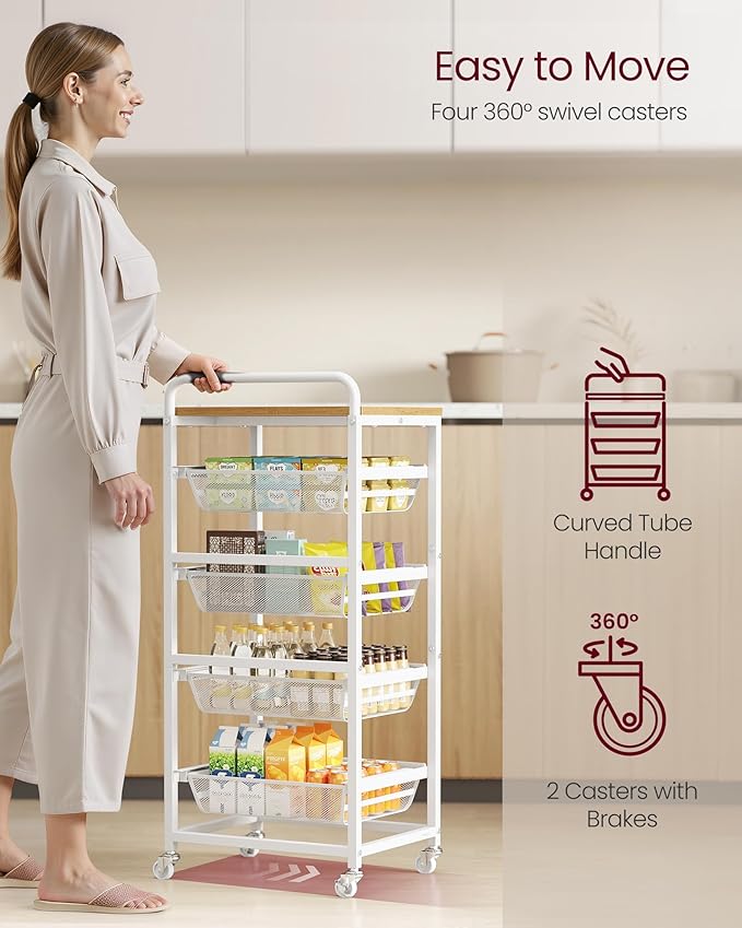 VASAGLE Kitchen Storage Cart with Pull-Out Baskets, 5-Tier Rolling Utility Cart with Wheels for Snacks, Handle, 12.5 x 15.8 x 37.4 Inches, Golden Oak and Matte White ULRC041YA01