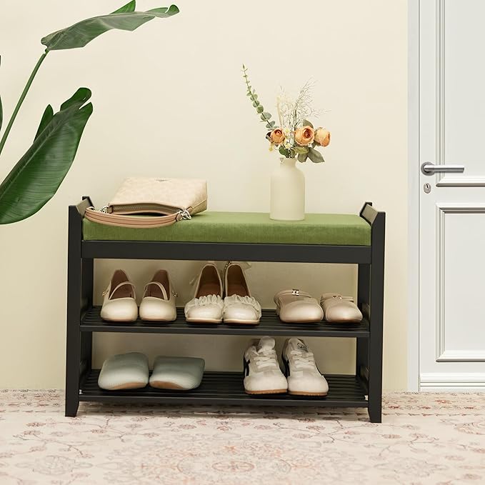 Shoe Rack Bench with Storage 27.6 in, Black Shoe Storage Bench with Cushion for Entryway, Hallway, Bedroom, Living Room