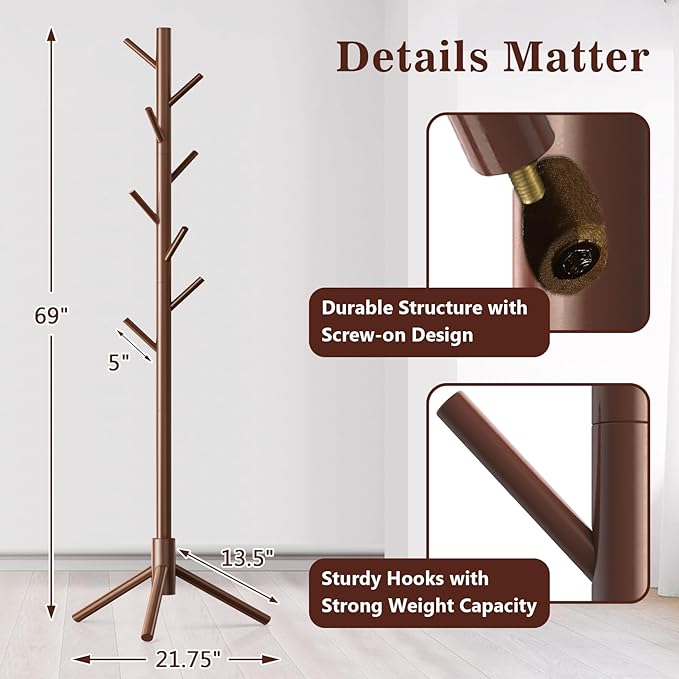 Wooden Coat Rack Freestanding with 8 Hooks,Easy Assembly New Zealand Pine Tree Coat Racks, 3 Adjustable Sizes for Clothes, Hats, Bags, for Entryway, Hallway, Bedroom, Office (Brown, 2 PCS)
