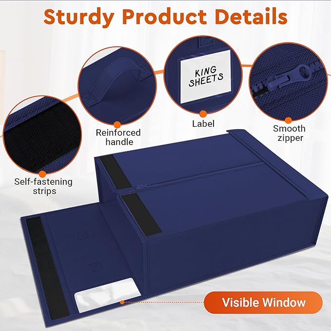2 Pack Bed Sheet Closet Organizers and Storage,Sturdy Foldable Storage Containers with Window and Label,Storage and Organization for Bedding Sheets,Duvet Covers,Blankets (Blue)