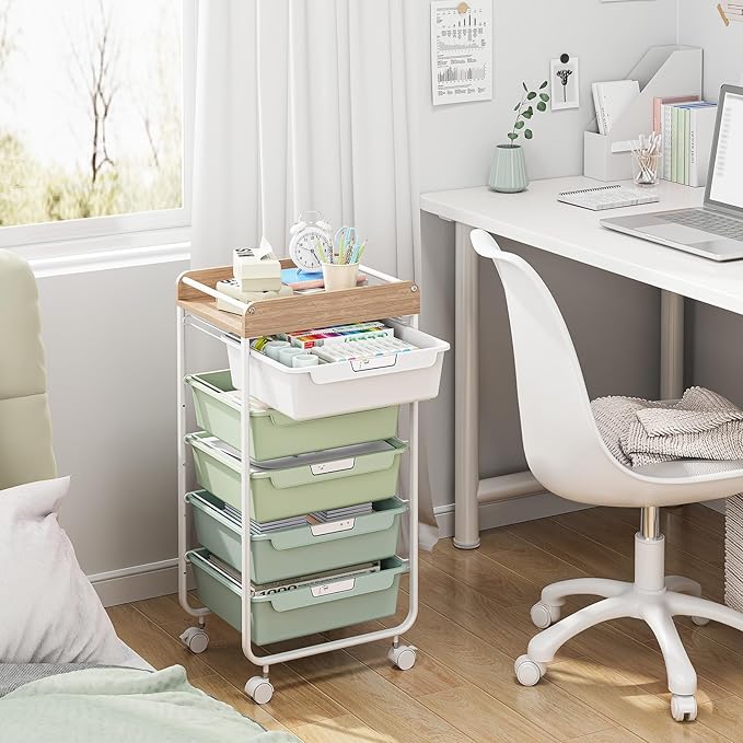 APEXCHASER Plastic Drawer Organizers with 5 Deep Drawers, Rolling Utility Cart with Wooden Top,Craft Storage Cart for Paperwork,Crafts,Snack,Kids’ Room,Nursery,Green