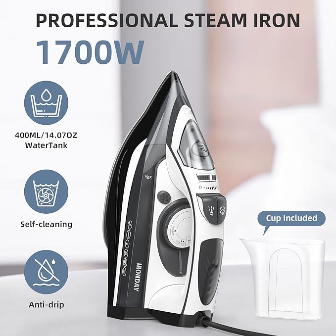 1700W Steam Iron for Clothes 20s Fast Heat-up, Non-Stick Ceramic Soleplate, 14.07oz Large Water Tank, Auto-Off, Burst Steam, Self-Cleaning, roning Clothes for Home