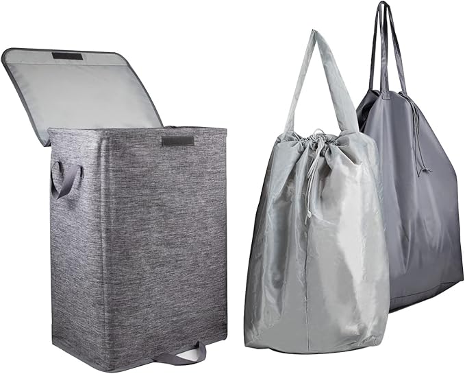 Foldable Laundry Hamper with 2 Removable Drawstring Bags,Portable Laundry Basket with Lid & Easy Carry Handle,Durable Clothes Hamper for Space-Saving Organizer in Bedroom,Bathroom,Dorm,Nursery,RV,Grey
