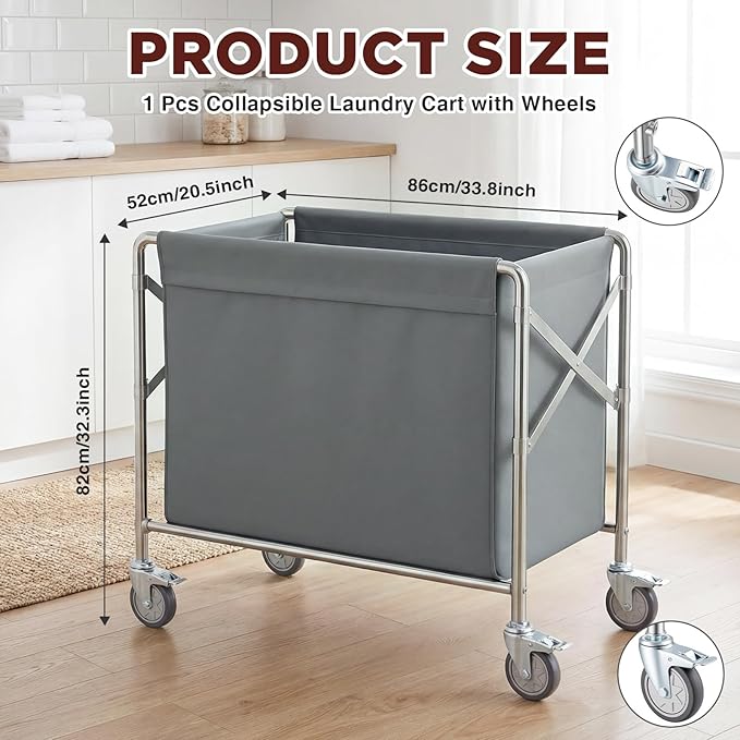 Collapsible Laundry Cart with Wheels, 12 Bushel (400L) Commercial Hamper Basket Large Heavy Duty Rolling Laundry Basket for Home Organizer Storage, Foldable Truck, Gray