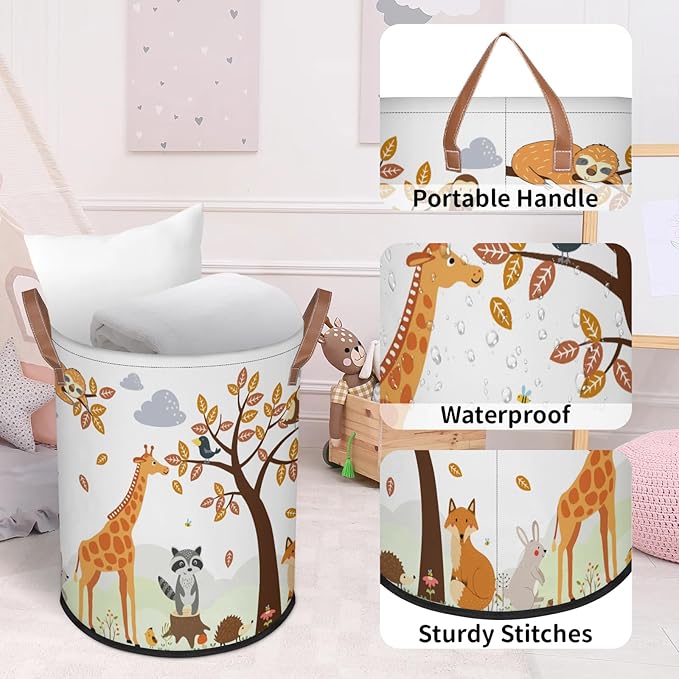 Kids Laundry Hamper Dirty Clothes Cute Animals Collapsible Polyester Sturdy Lightweight Storage Basket with Handles for Bedroom Bathroom Living Room