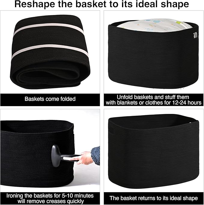Large Black Blanket Basket, Storage Baskets for Blankets, Woven Baskets for Storage, Woven Cotton Rope Basket for Toys, Clothes, Shoes, Books, Black, 25”x16”x16” (105L)